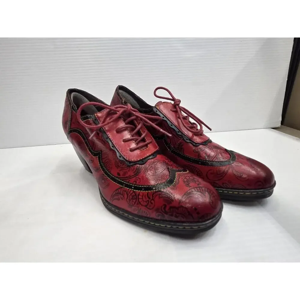 Red Paisley Heel Shoes Womens Size 39 US 8 Lace Up Leather Print Vintage Style - Picture 3 of 13